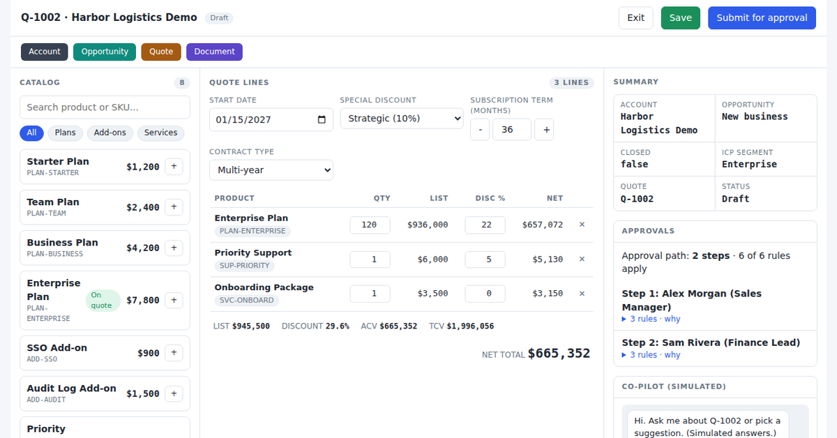 Screenshot of the quote line editor demo: product catalog, quote lines, approvals and a simulated co-pilot.