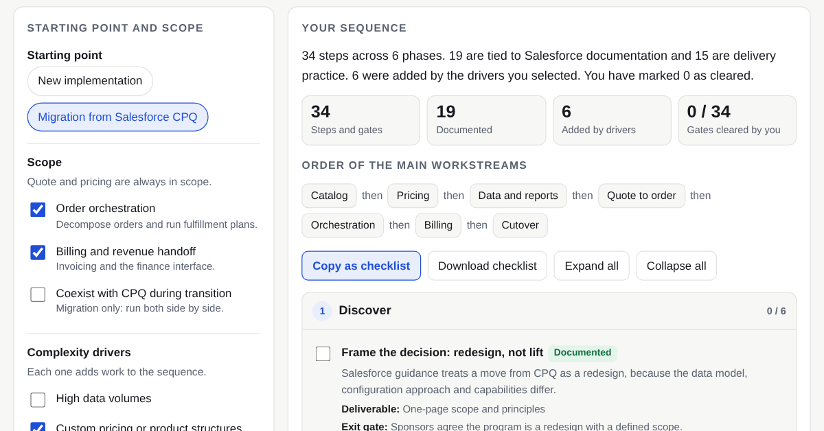 Screenshot of the Revenue Cloud implementation sequence planner: starting point and scope controls, key counts, the order of the main workstreams and the first phase with its steps and exit gates.